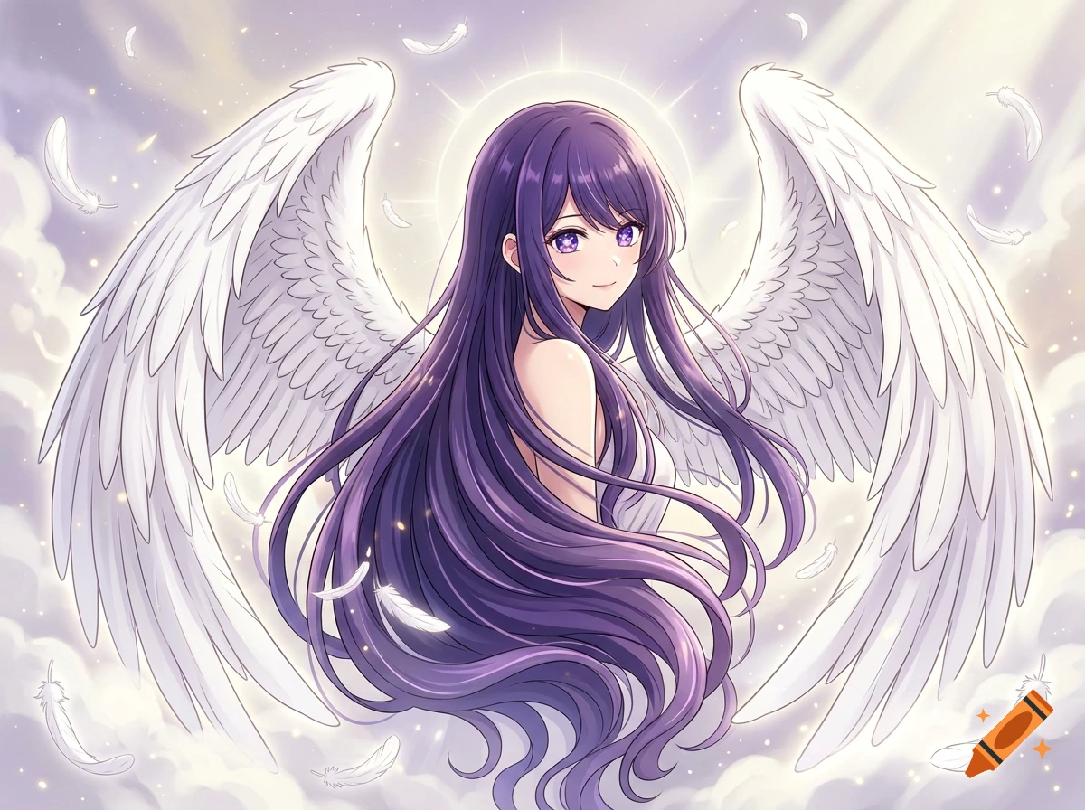 Anime style illustration of a young woman with long purple hair and large white angel wings, surrounded by floating feathers.