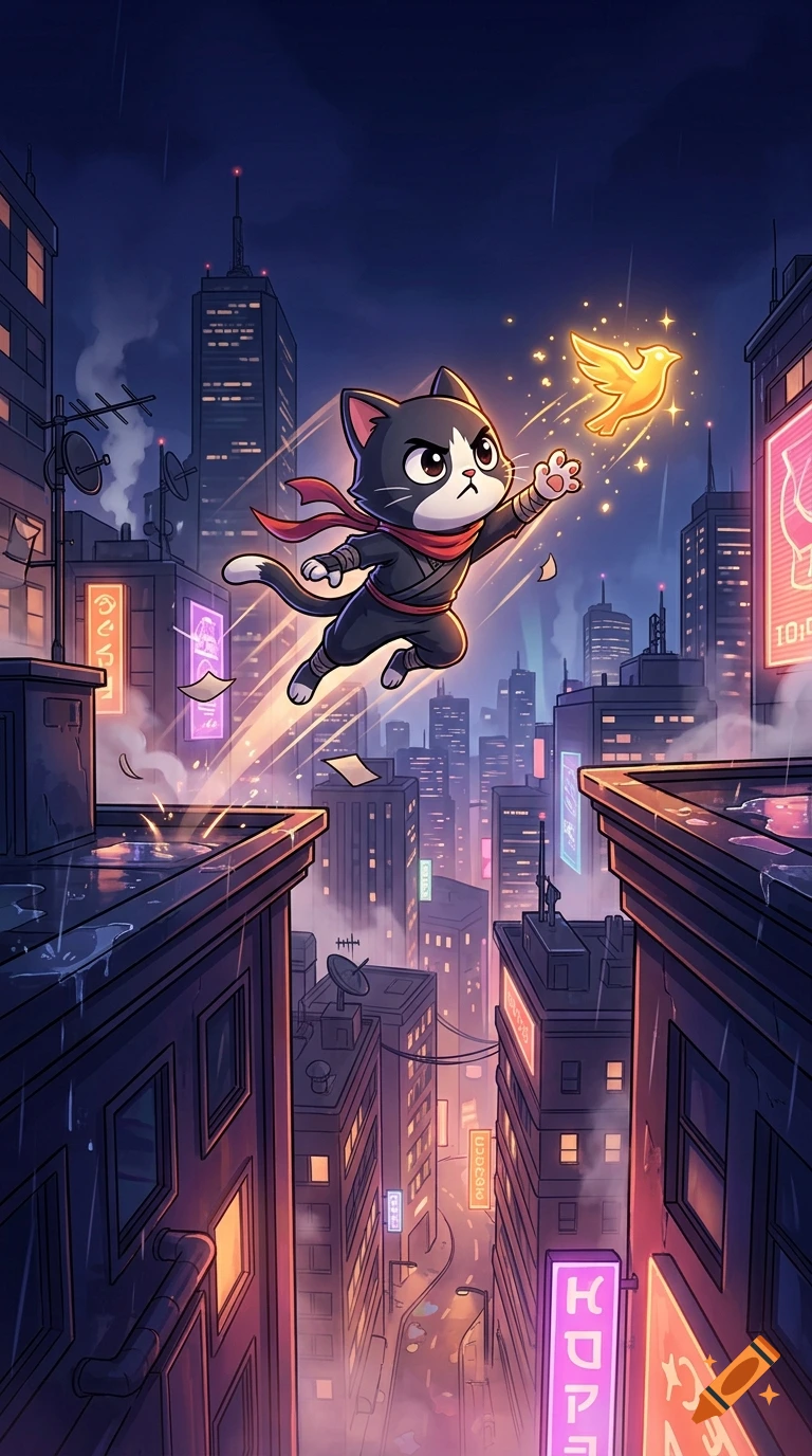 Cartoon cat ninja leaping across rooftops in a cyberpunk city at night, reaching for a glowing bird, in a 2D vertical runner style.