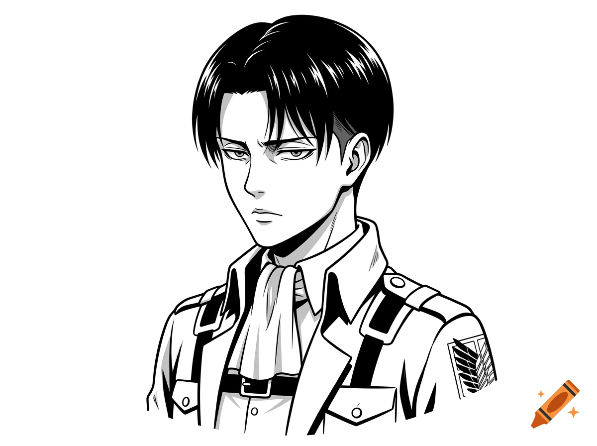 Black and white portrait of a stern-faced fictional anime character with dark hair and a uniform, drawn in a clean ink style.