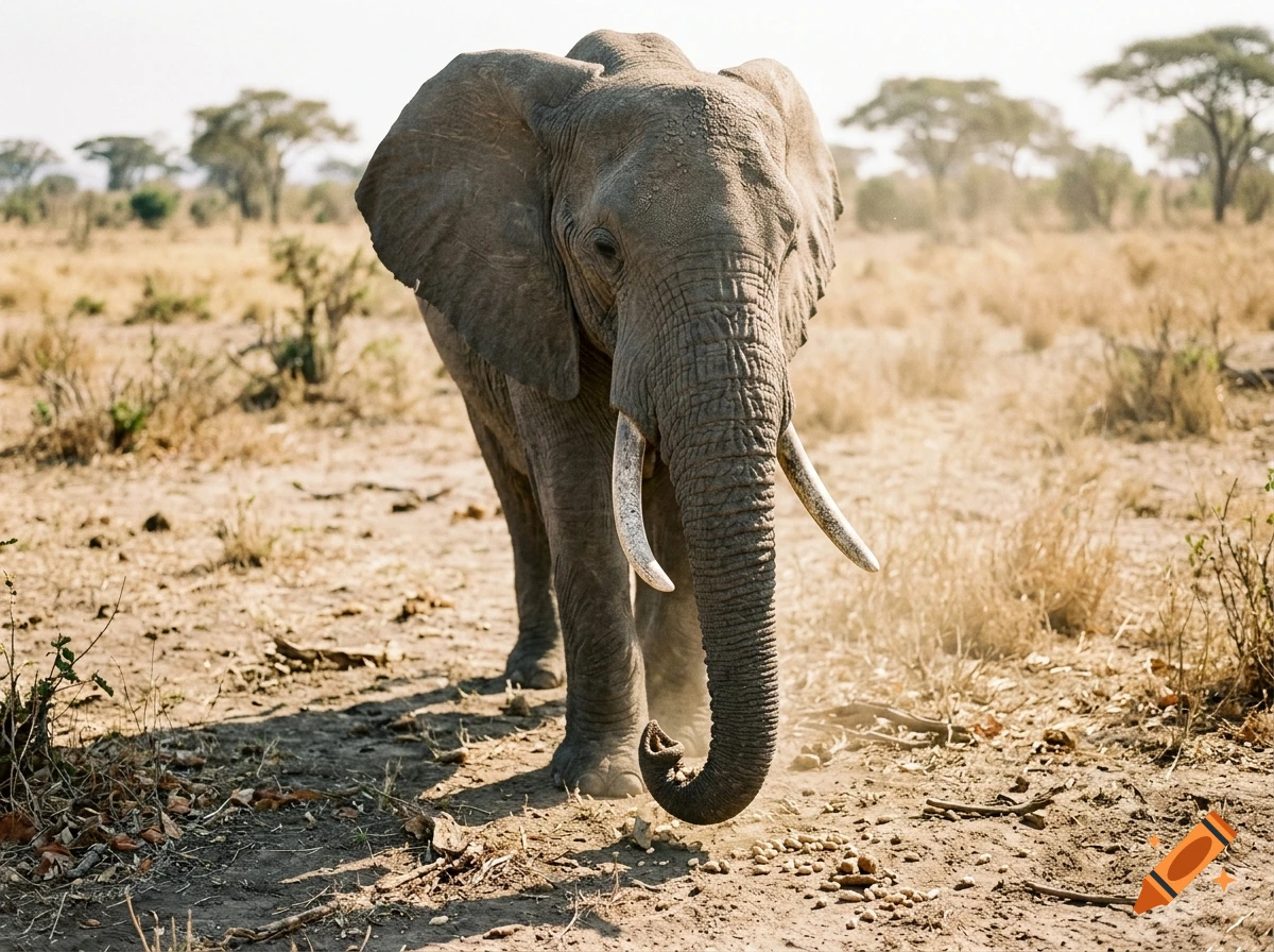 Photorealistic image of an elephant in a dry savannah picking up peanuts with its trunk.