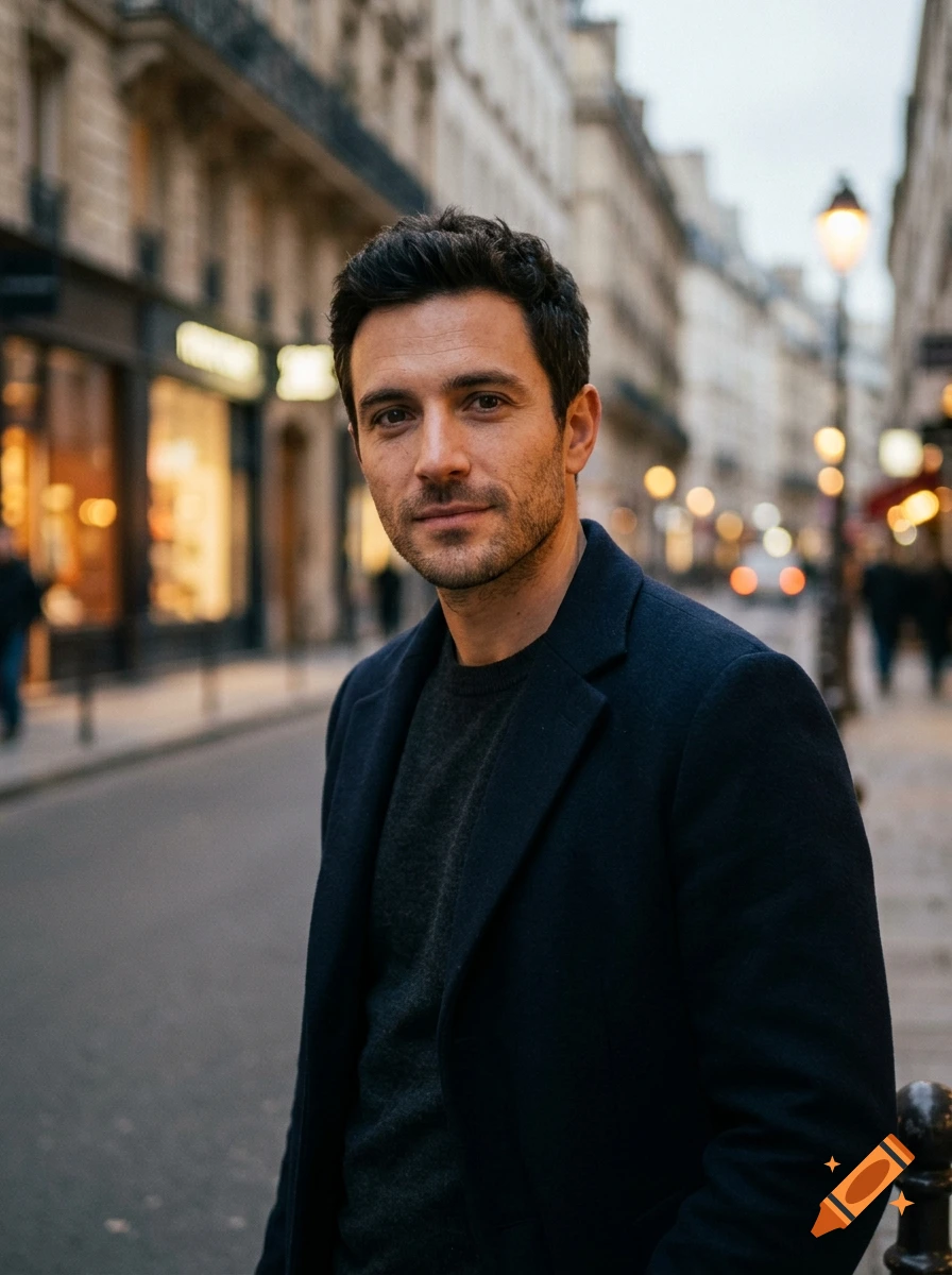 Photorealistic portrait of a handsome man with dark hair in a black coat standing on a European street.