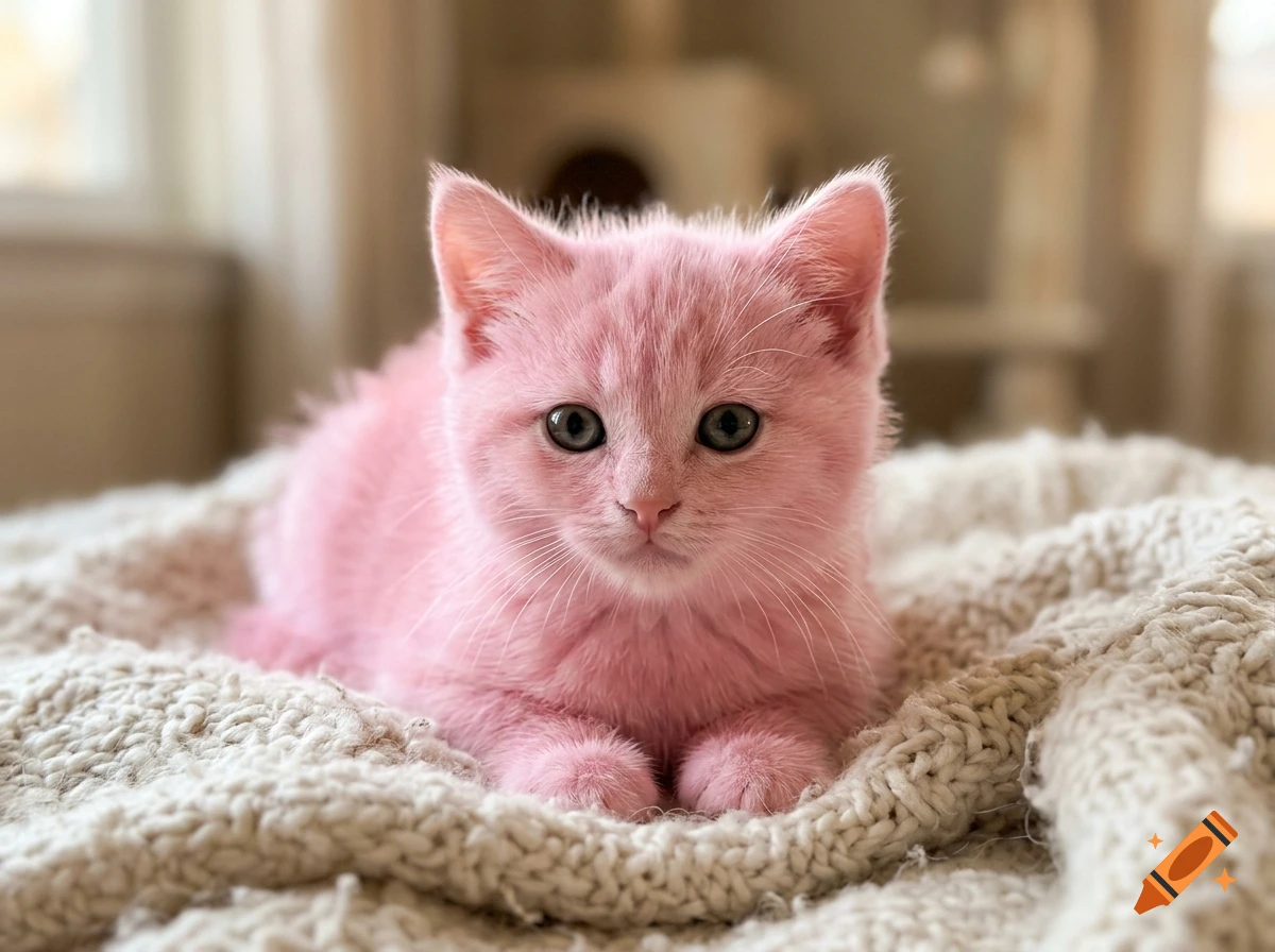 A photorealistic, bright pink kitten lying on a knitted white blanket.