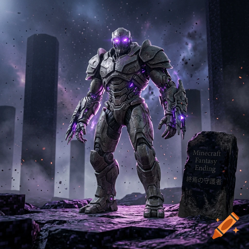A heavily armored robotic warrior with glowing purple eyes stands in a dark, atmospheric fantasy landscape next to a stone marker.