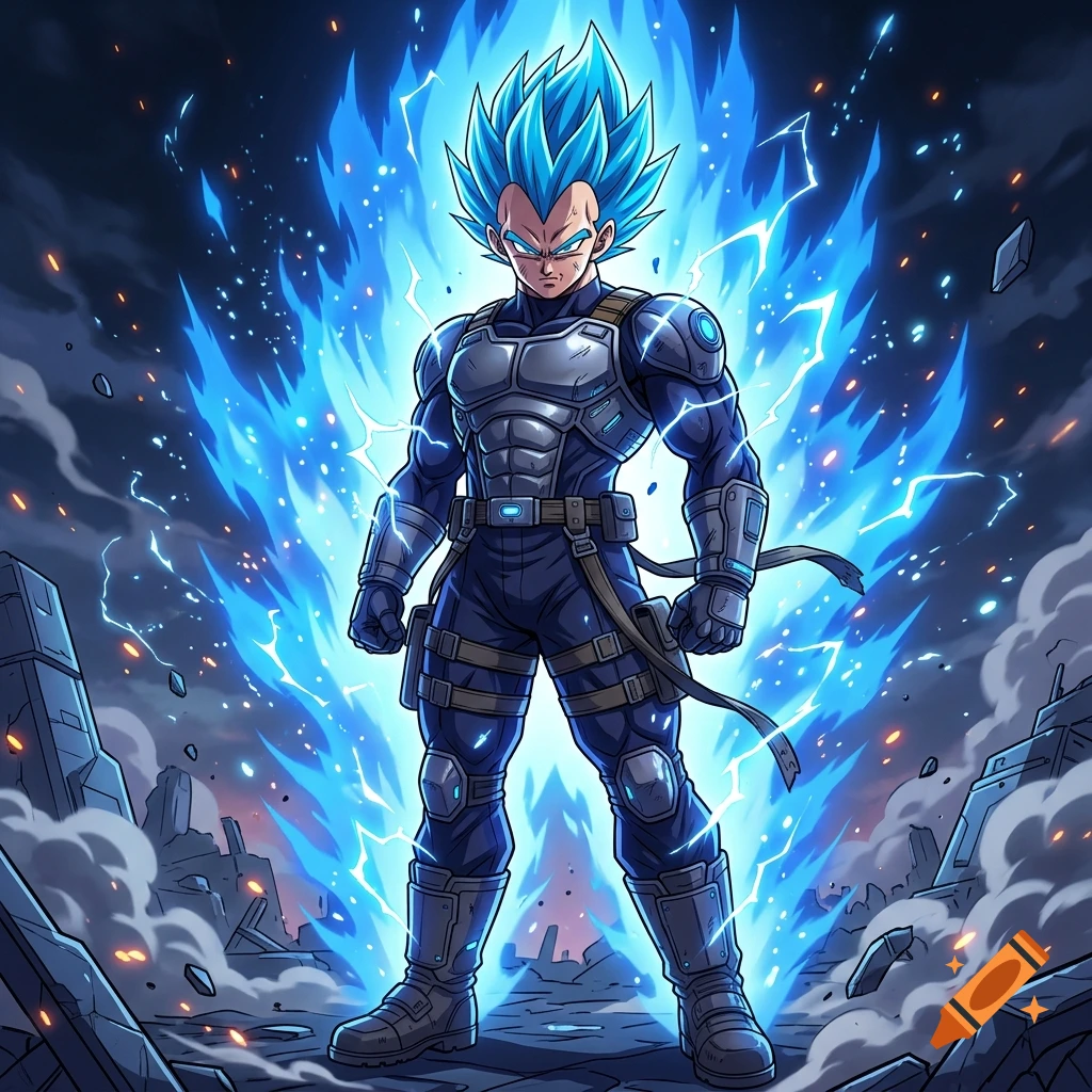 Digital anime illustration of Vegeta with blue spiky hair and glowing aura in tactical gear amid a ruined landscape.