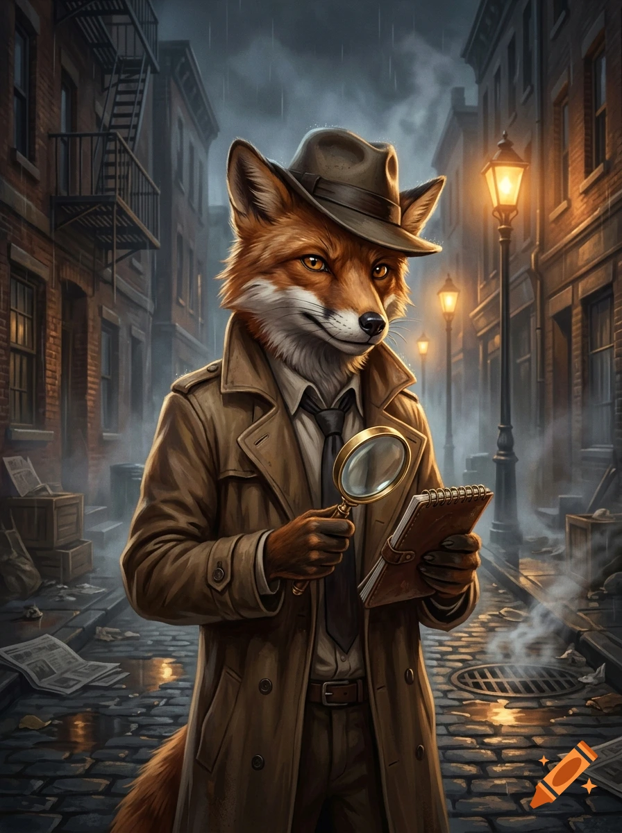An anthropomorphic red fox detective wearing a fedora and trench coat holds a magnifying glass and a notebook in a rainy, foggy city street.