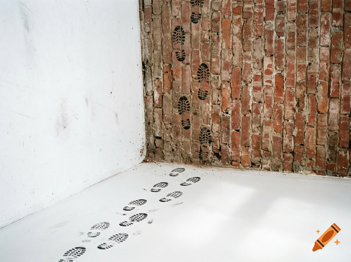 Photorealistic corner of a white floor and wall meeting an exposed red brick wall, with black shoeprint silhouettes walking up the brick wall.