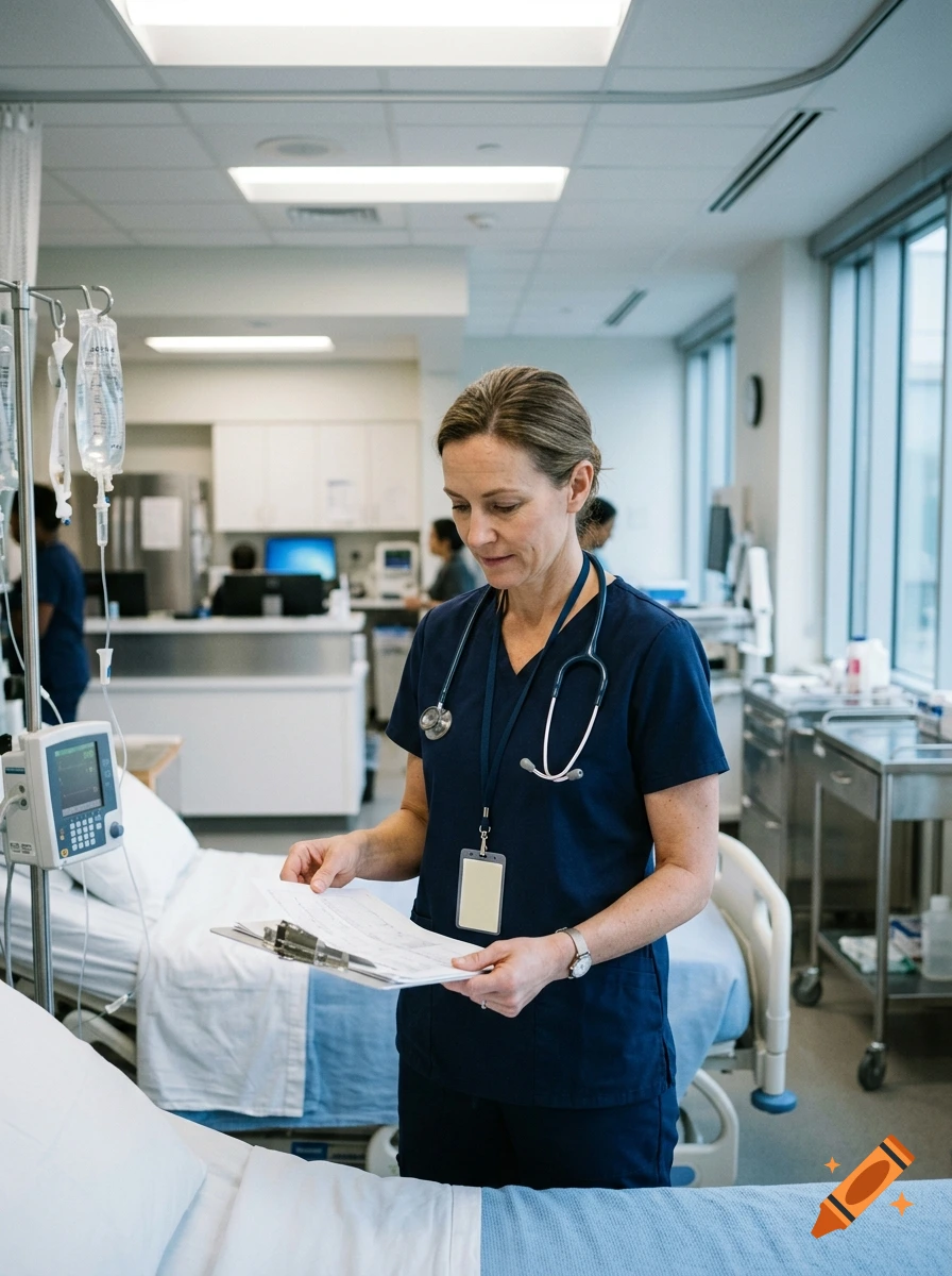 Photorealistic image of a female nurse in blue scrubs holding a clipboard in a hospital room.