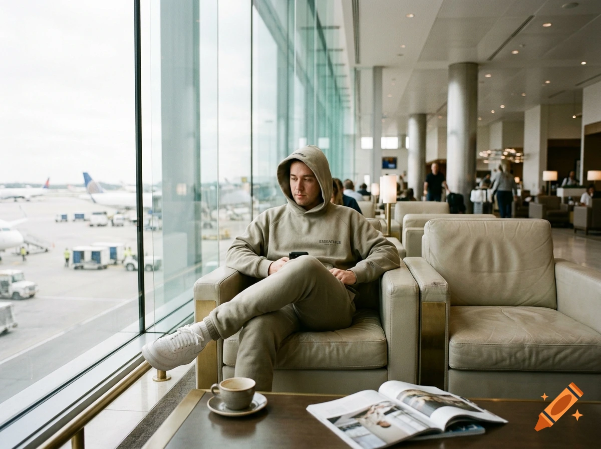 Man wearing a hoodie and sweatpants sitting in an airport lounge armchair next to a large window.