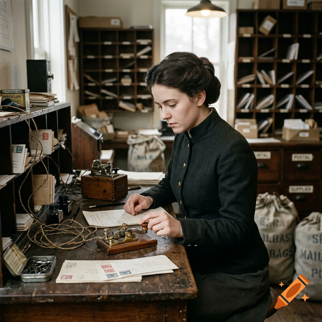 Photorealistic image of a young woman in historical attire operating a telegraph machine at a wooden desk in a post office.