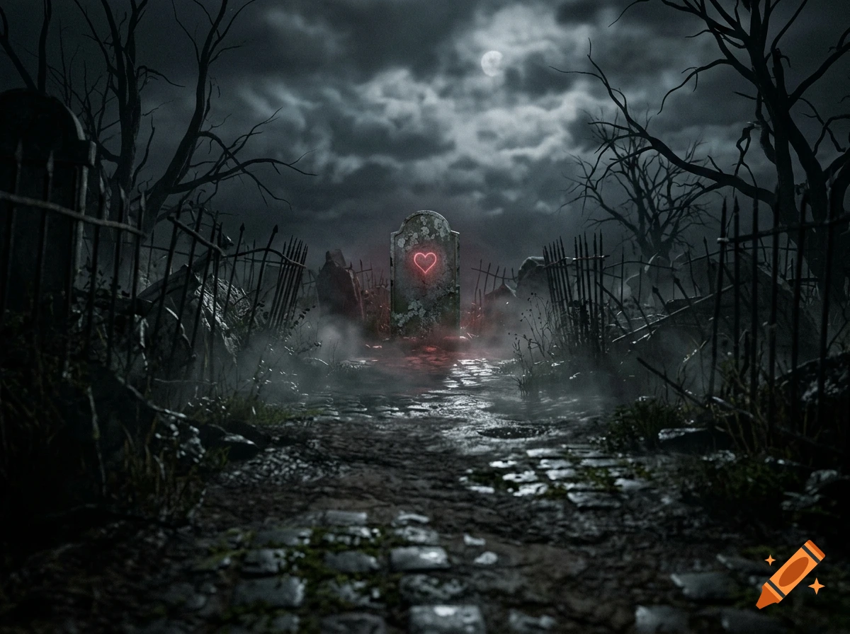 A gloomy, foggy graveyard at night under a full moon, featuring a central tombstone with a glowing red neon heart.