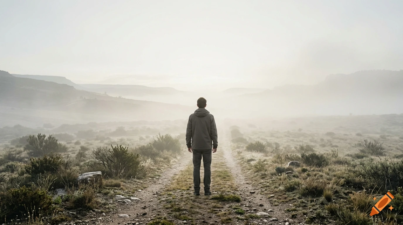 A person standing on a dirt road facing a foggy landscape with distant hills under an overcast sky.