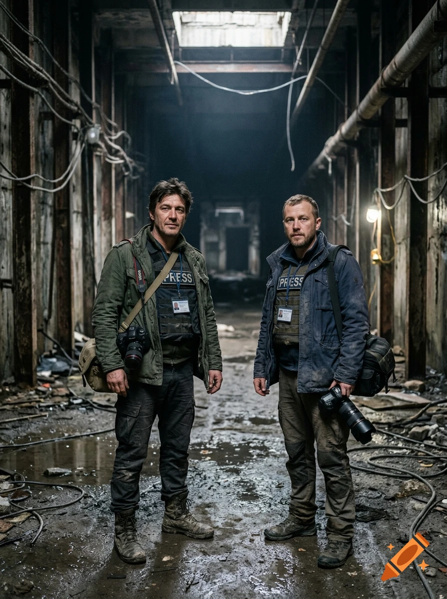Photorealistic image of two male war journalists in tactical vests standing in a ruined underground tunnel.