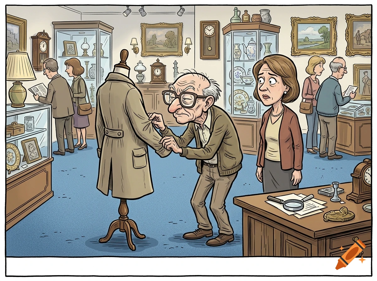 Gary Larson Far Side style comic illustration of an antique expert inspecting a coat on a mannequin while a woman looks on anxiously.