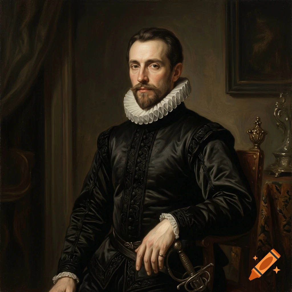 An oil painting portrait of a man in period attire with a ruff collar and dark doublet.