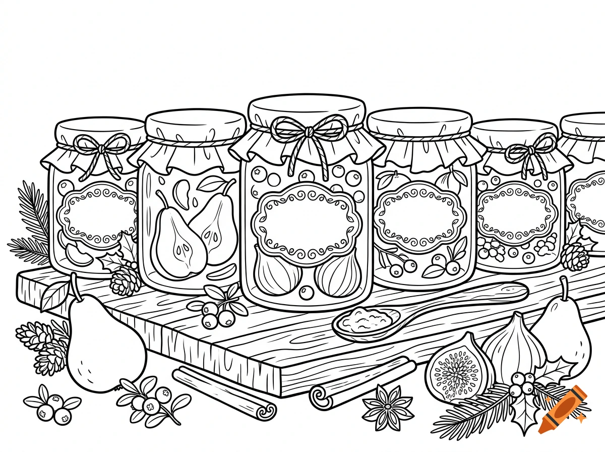 Black and white coloring page of jam jars with fabric-tied lids and labels on a wooden board with fruits and spices.