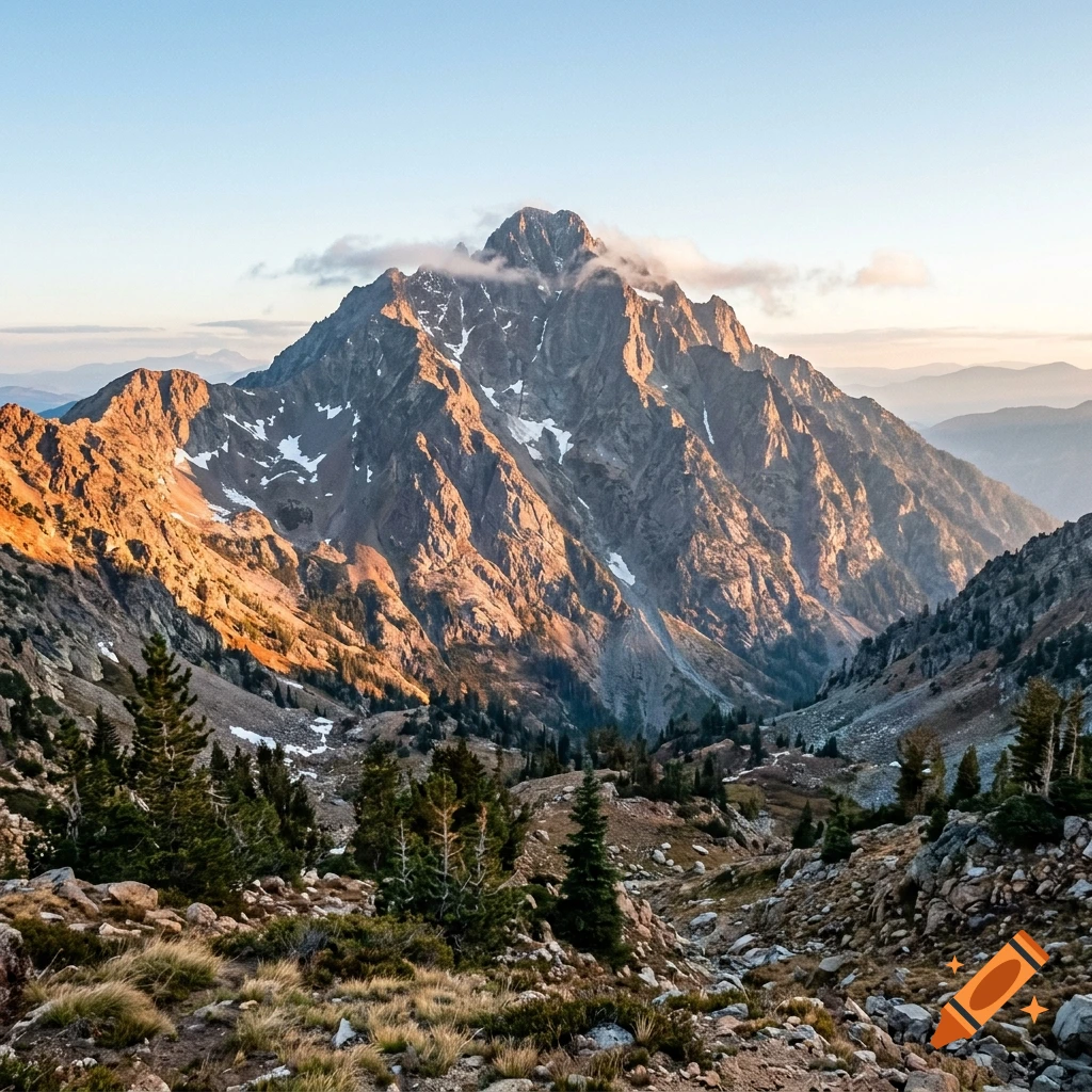 A rugged mountain peak rises dramatically against a clear morning sky, with sunlight catching its rocky ridges and patches of snow, surrounded by pine forests in the valley below.