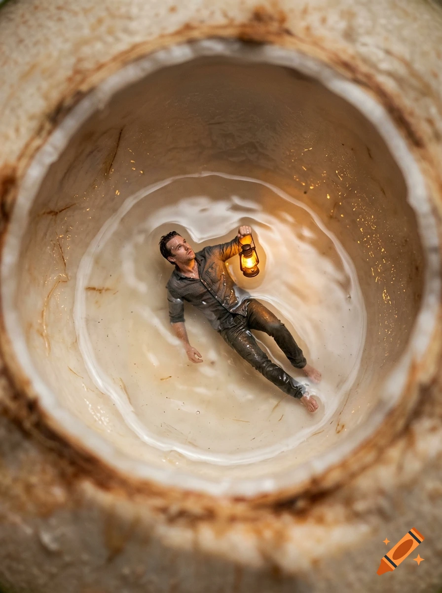 A tiny man holding a lantern floating inside the hollow center of a fresh coconut filled with milk, photorealistic.