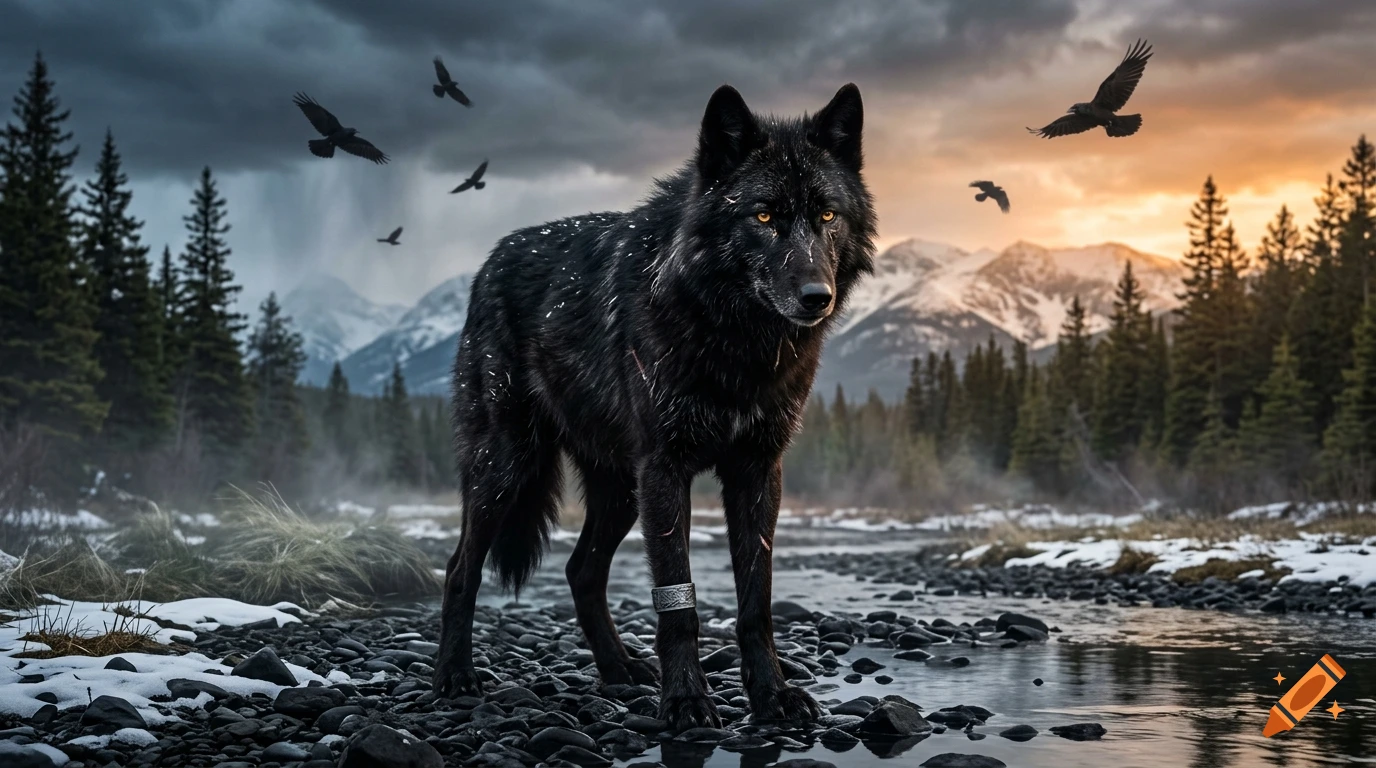 Photorealistic image of a black wolf with white flecks and a silver band on its leg standing on a riverbed, surrounded by ravens and snowy mountains.