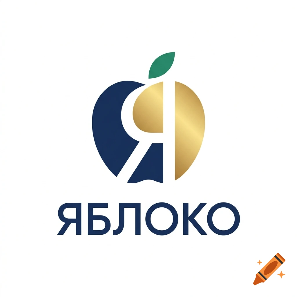 Gold and blue apple logo with the Russian text 'YABLOKO' underneath on a white background.