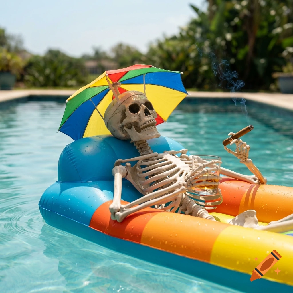 Photorealistic image of a skeleton wearing a colorful umbrella hat, smoking a cigar, and holding a glass of whiskey while relaxing on a pool float.