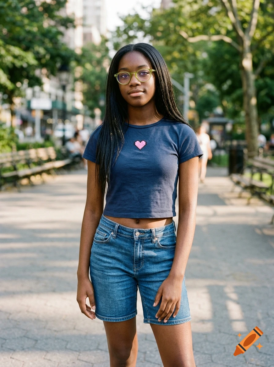 Photorealistic full-body shot of a young Black girl standing in a park, wearing a cropped blue t-shirt with a pixel heart, denim shorts, and lime green glasses.