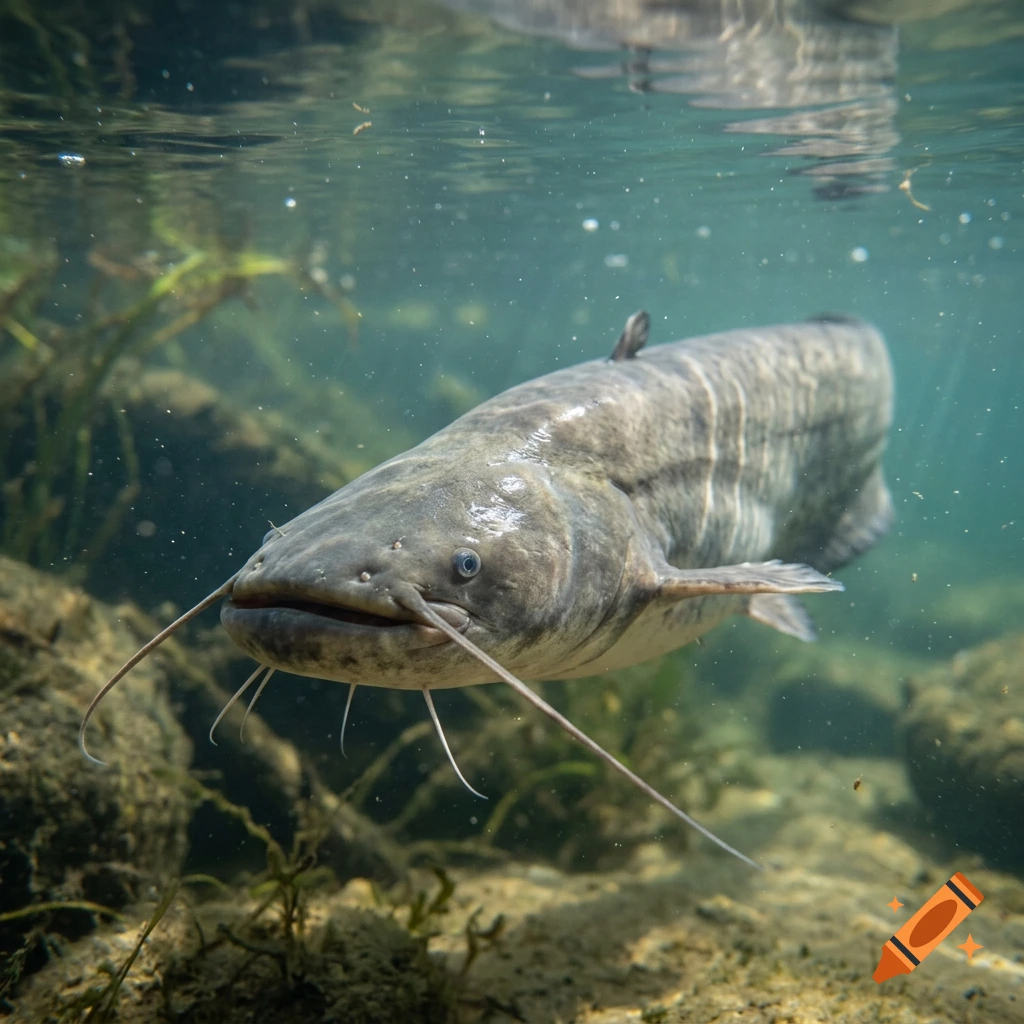 Photorealistic close-up of a catfish swimming underwater in a clear river with rocks and vegetation.