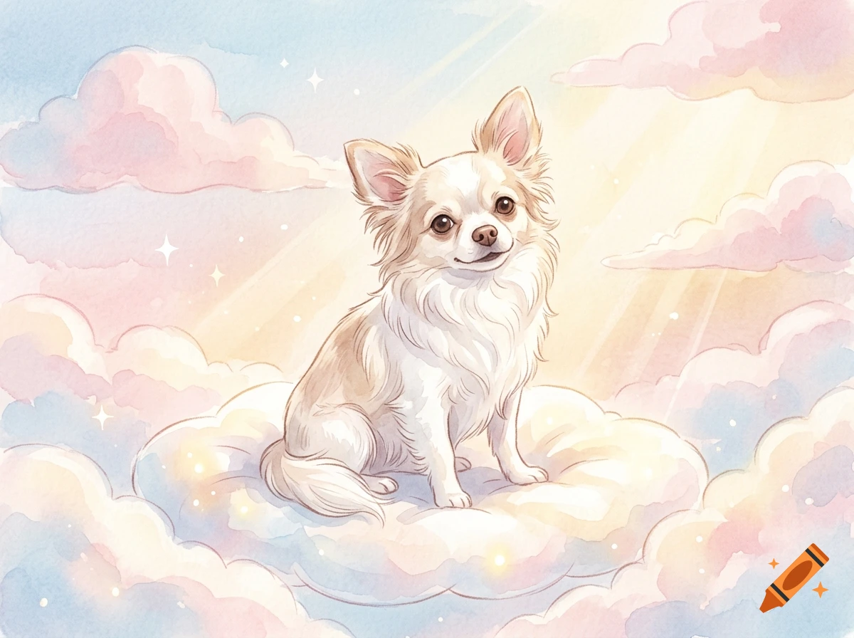Watercolor illustration of a small white and beige chihuahua sitting on a glowing cloud amid pastel pink and blue skies with sunbeams.