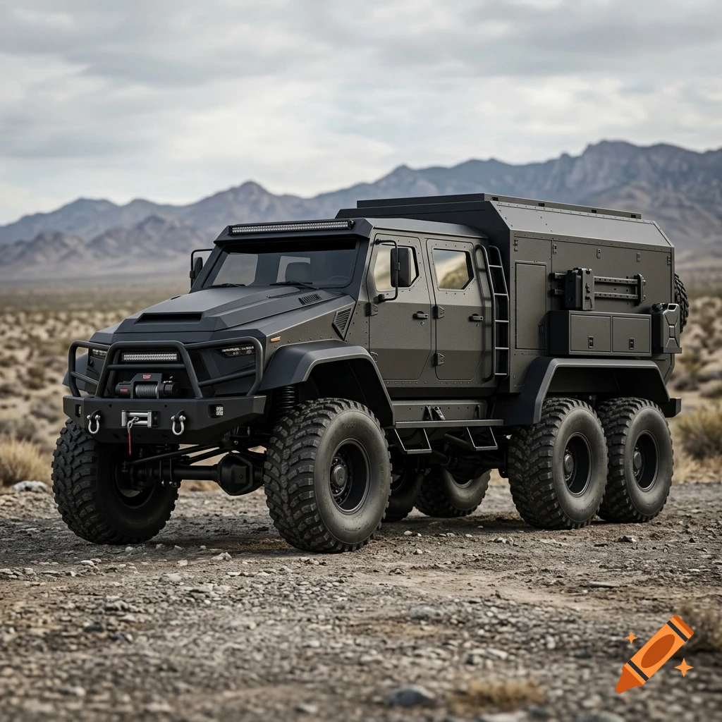 A matte-black 6x6 conceptual overland exploration truck parked on a rocky desert landscape with mountains in the background.