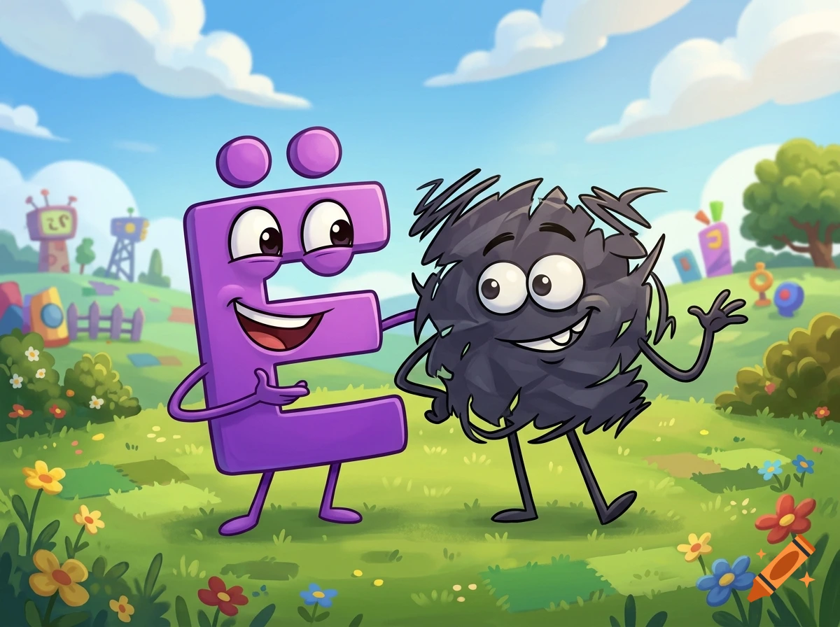 Digital illustration of two friendly cartoon characters, a purple letter E with dots and a dark fluffy creature, standing in a sunny grassy field.