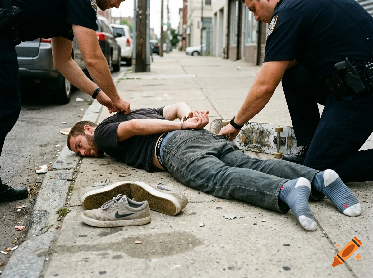 Photorealistic scene of a man lying face down on a sidewalk in handcuffs being searched by two police officers.