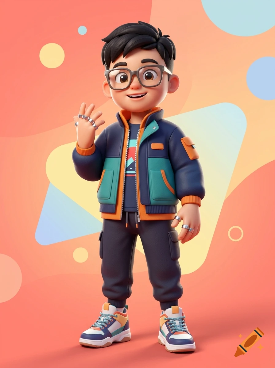 3D digital illustration of a smiling boy with dark hair and glasses wearing a colorful jacket and cargo pants, waving.