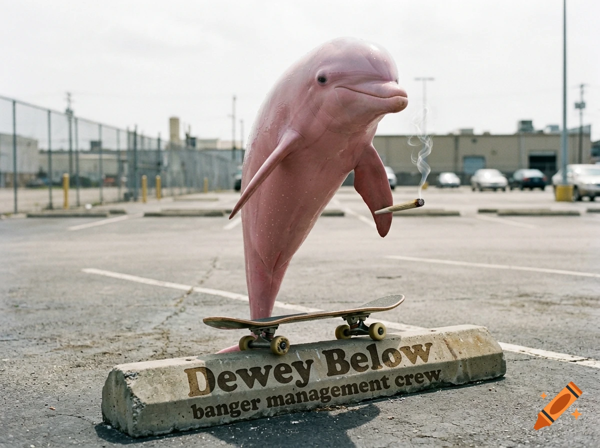 Photorealistic image of a pink dolphin smoking a joint while skateboarding on a parking block in an empty parking lot.