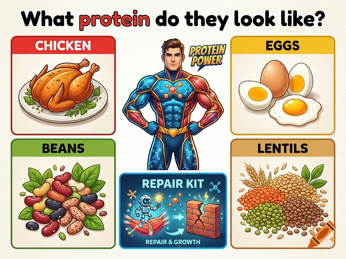 Educational infographic asking what protein types look like, featuring a superhero character and four panels showing chicken, eggs, beans, and lentils.