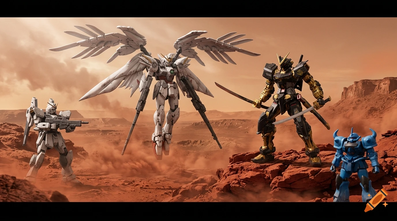 Four robot action figures stand in a rocky, dusty Martian landscape with mountains in the background, featuring a winged white mobile suit hovering in the center.