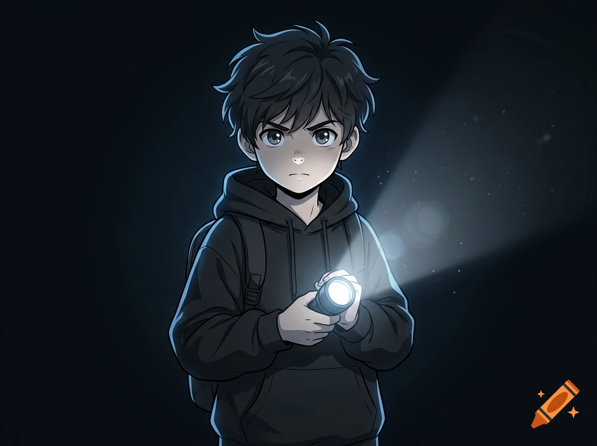Anime style illustration of a young boy in a dark hoodie holding a lit flashlight against a dark background.