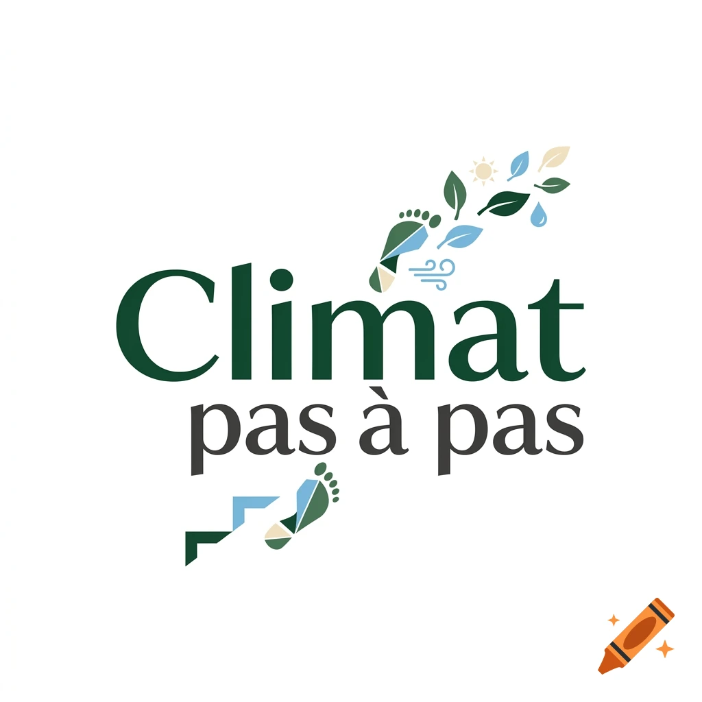 Logo for Climat pas à pas featuring green and blue text, leaves, water drops, and footprints.