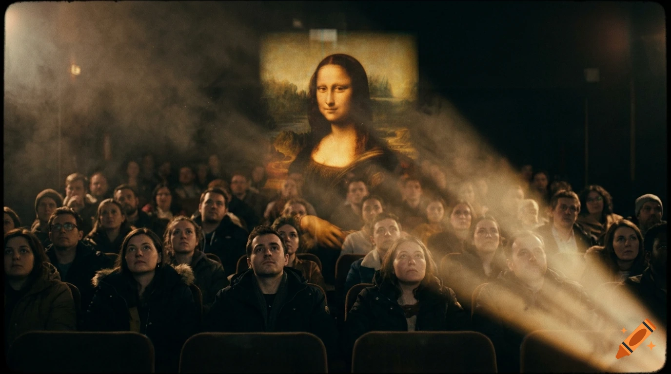 Cinematic photo of a dark movie theatre audience illuminated by a projector beam displaying the Mona Lisa.