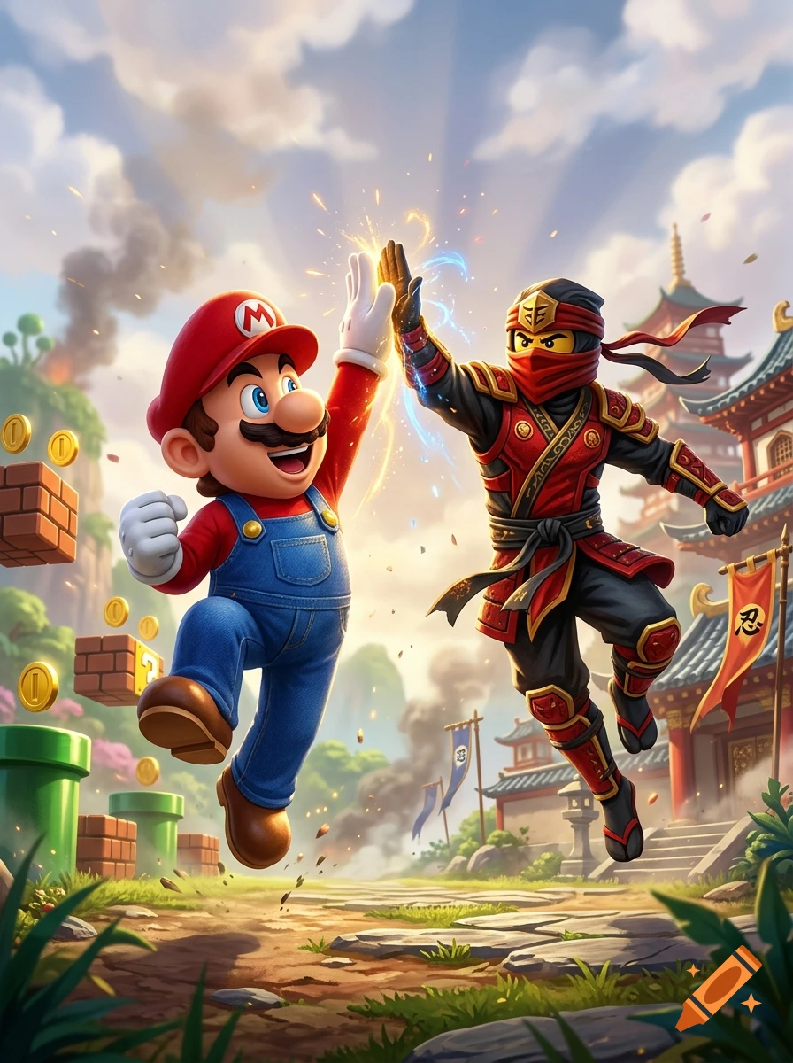 Mario giving a high-five to a red-clad ninja character in front of an Asian-style architectural background.