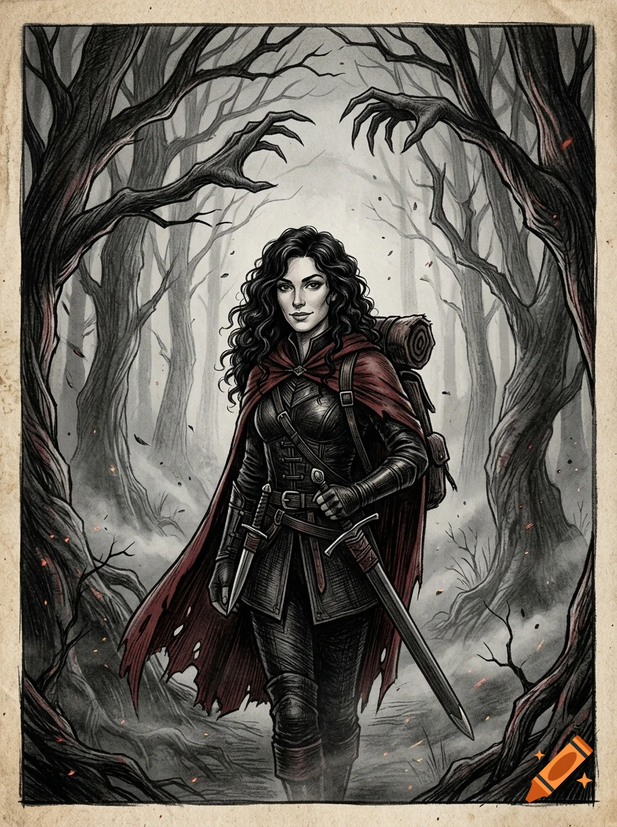Woodcut-style illustration of a female adventurer with dark curly hair, black leather armor, and a red cloak in a spooky forest.