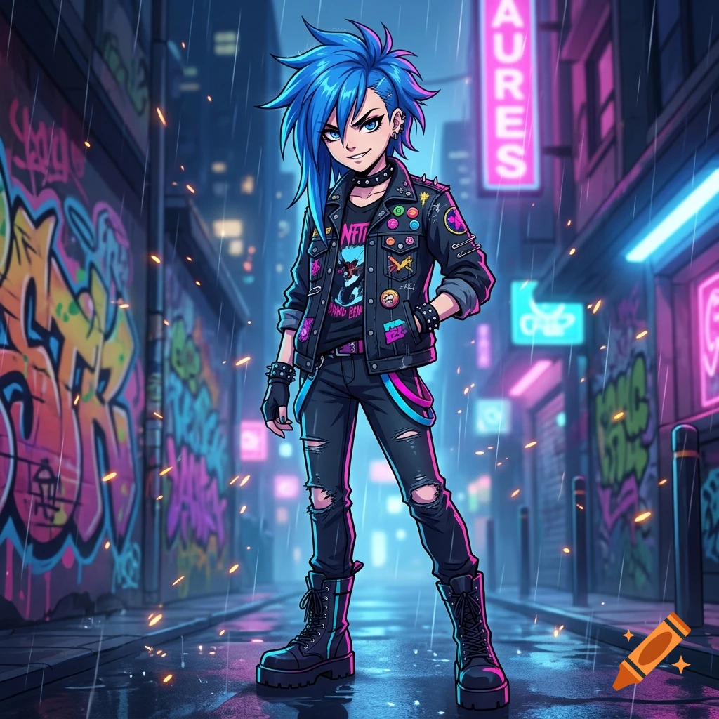Anime style illustration of a punk teen with blue hair and a leather jacket standing in a neon-lit alleyway.