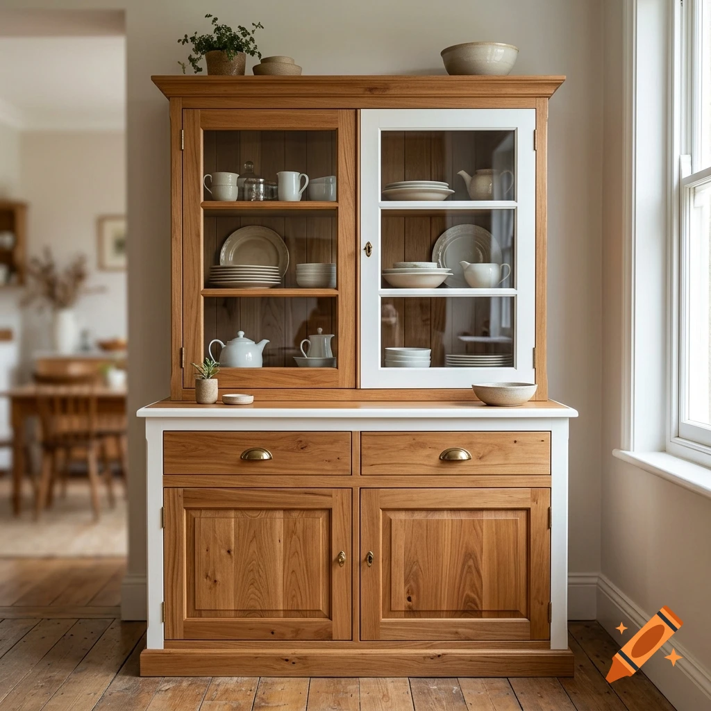 Photorealistic wooden kitchen dresser with glass doors, white accents, and arranged dishes inside, standing in a bright room.