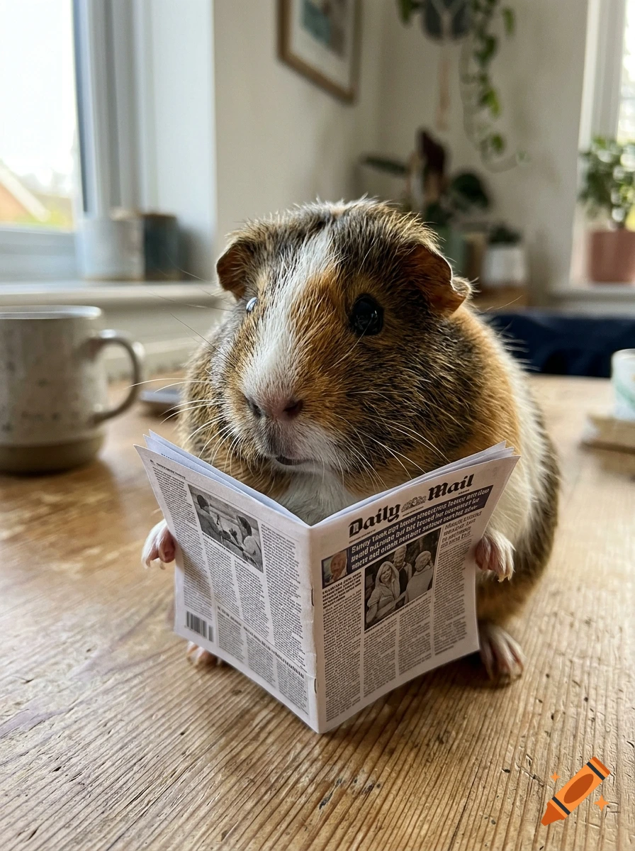 Photorealistic close-up of a brown and white guinea pig sitting at a wooden table and holding a miniature Daily Mail newspaper.