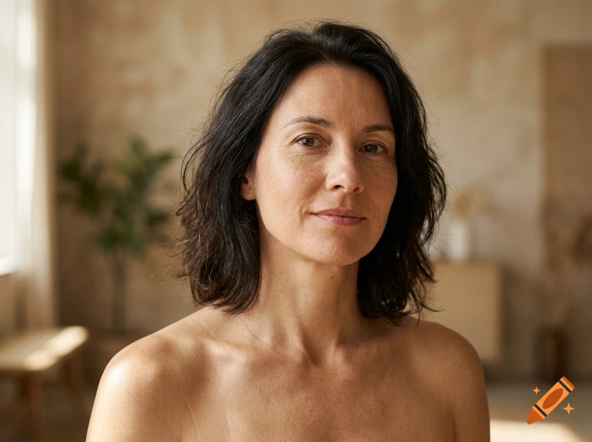 Photorealistic portrait of a woman with dark hair and freckles against a neutral background.