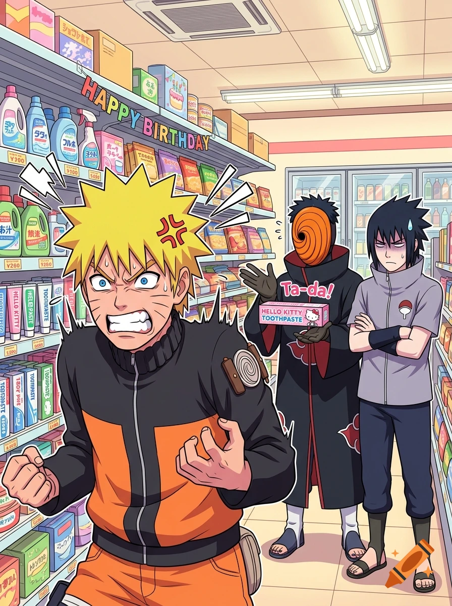 Animated illustration of Naruto looking angry in a convenience store while Tobi presents a box of Hello Kitty toothpaste and Sasuke looks annoyed.