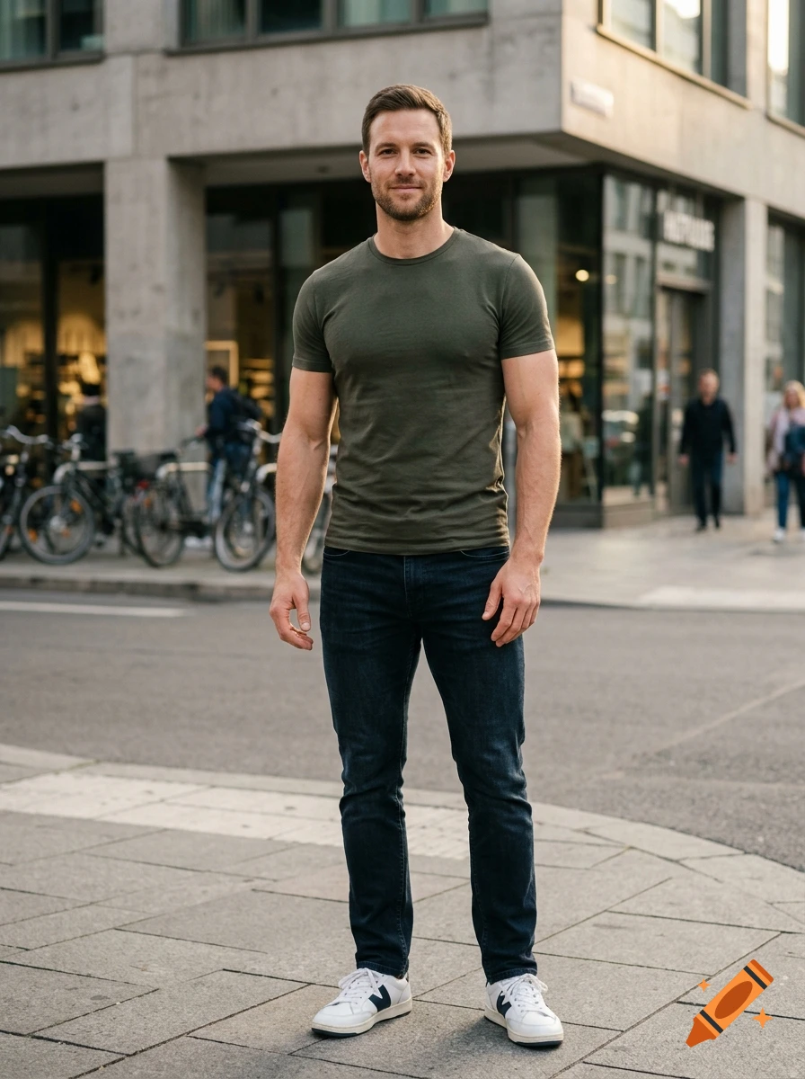 Photorealistic full-body shot of a fit man standing on a city street in a green t-shirt and jeans.