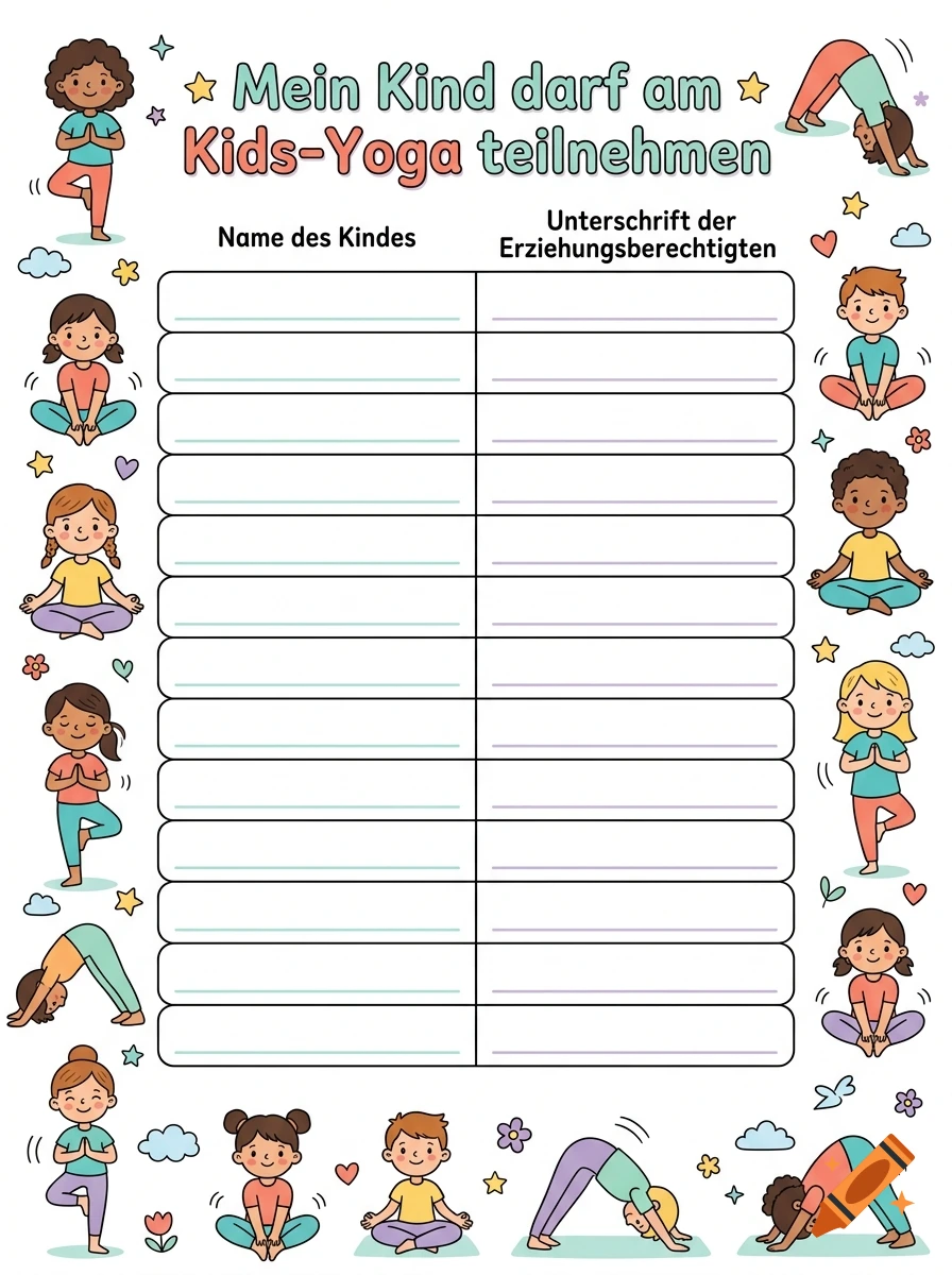 Comic style yoga form for kids with fillable rows and cute child characters practicing yoga poses.