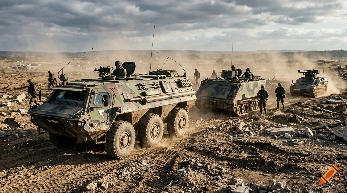 Photorealistic image of military vehicles and soldiers moving through a rugged, dusty landscape in a coordinated maneuver.