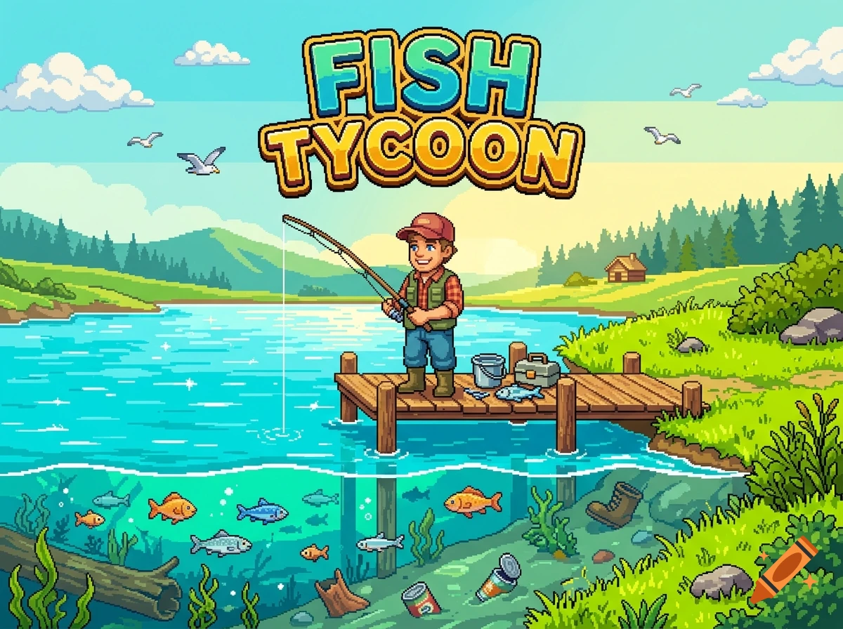 2D pixel art showing a fisherman on a wooden pier at a sunny lake with various fish swimming underwater.