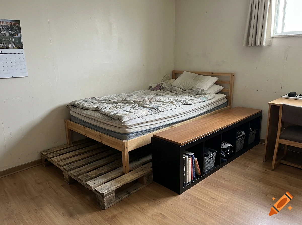 A photograph of a college dorm room featuring a single wooden bed on wooden pallets next to a black Kallax shelf unit.