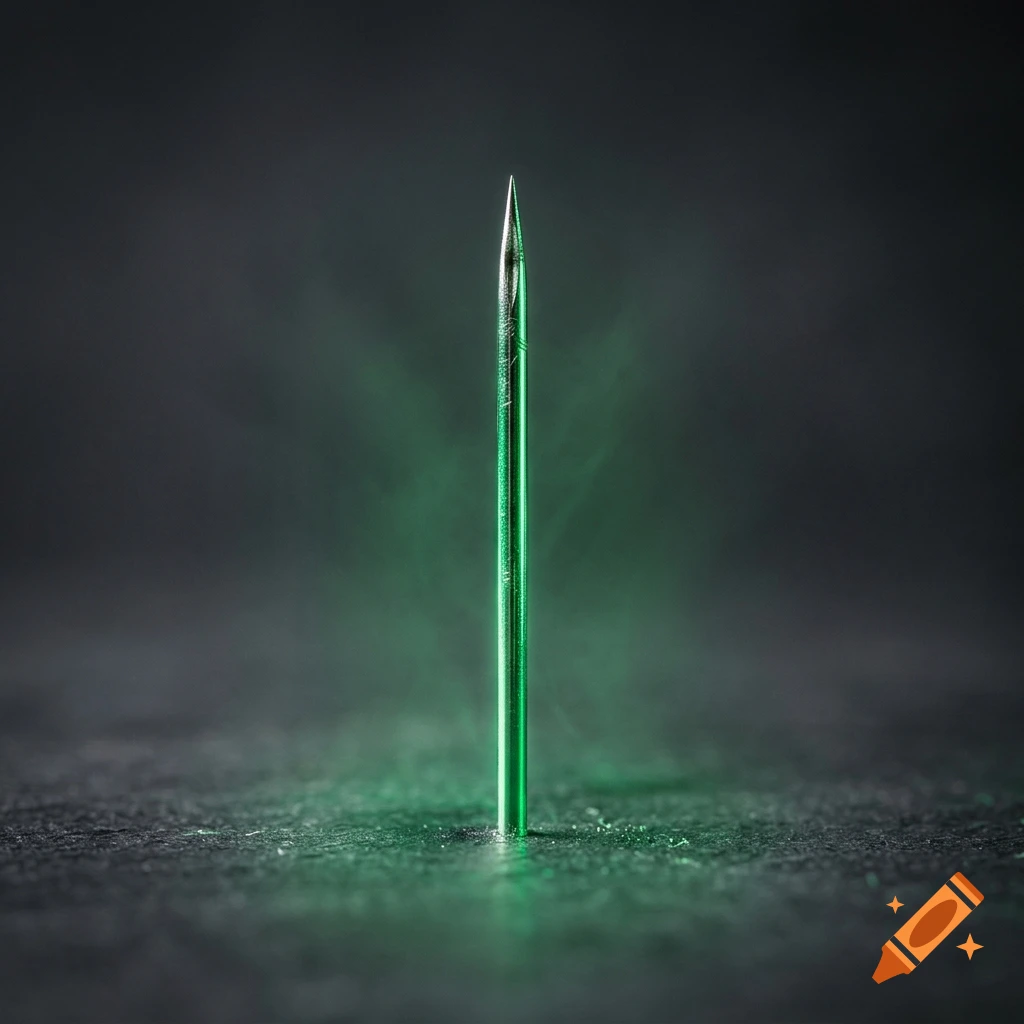 A glowing green needle standing upright on a dark textured surface with green light and smoke effects.